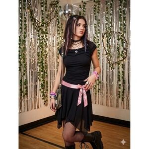 Vintage Y2K Fairy Grunge Dress Hanky Hem Whimsigoth Sheer Mesh Going Out Medium